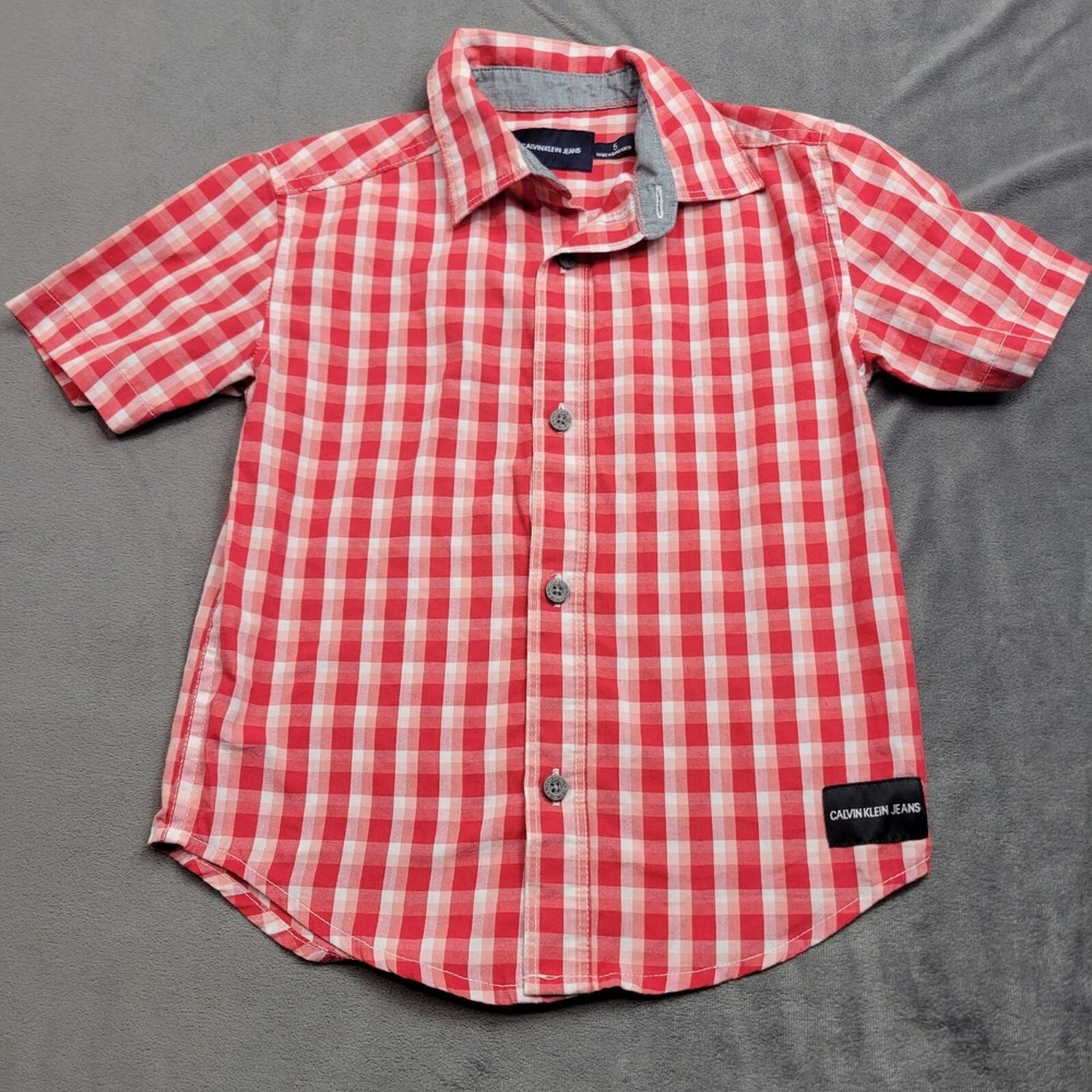 Calvin Klein Jeans Boys Red & White Plaid Button-Up Shirt Size 5 Short Sleeve Co